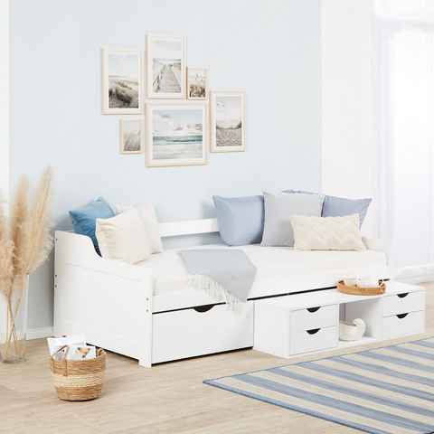 Homestyle4u Holzbett Kojenbett 90x200 cm Stauraumbett Kinderbett Weiß (inkl. Lattenrost und Schubladen als Stauraum)