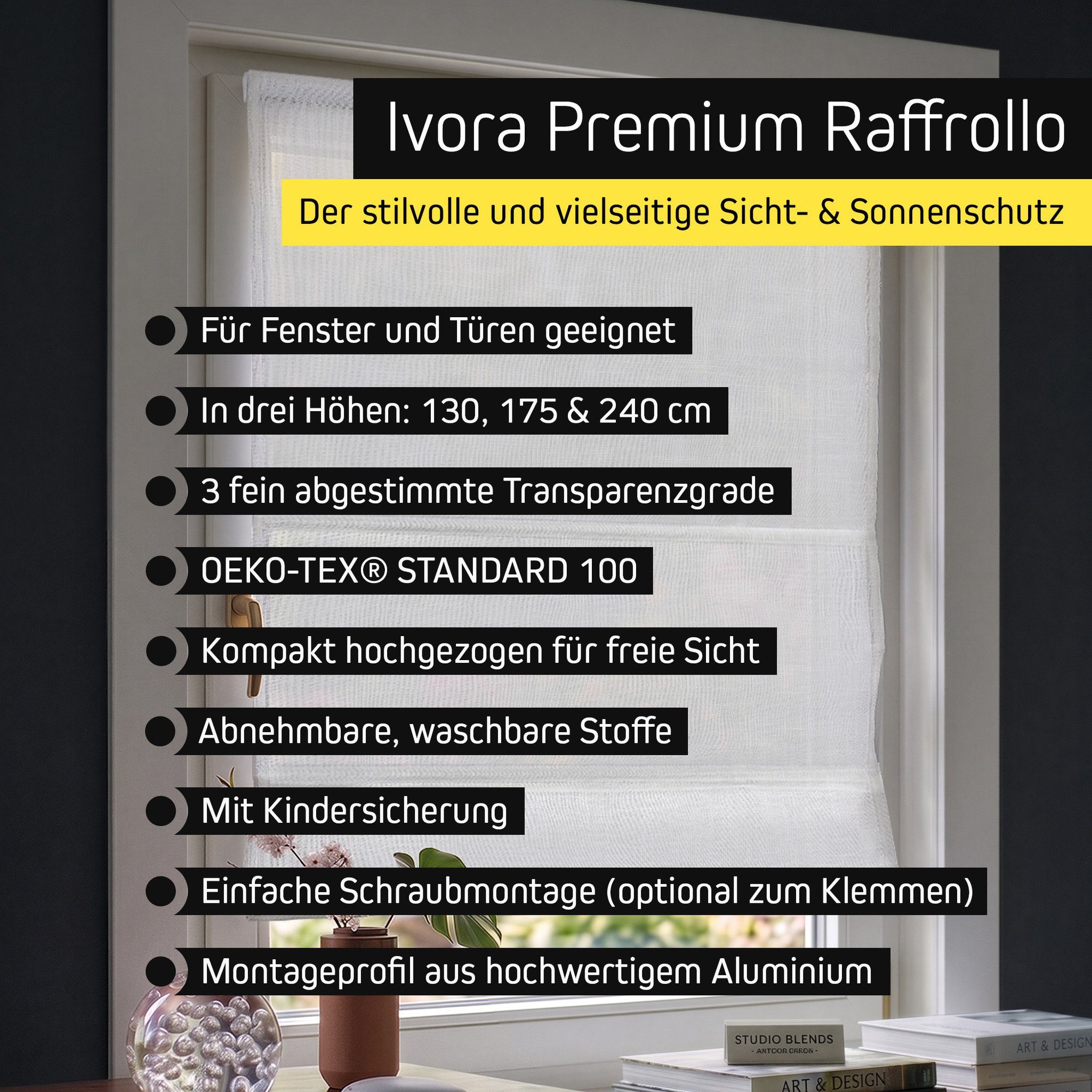 Victoria M. Raffrollo Klemmfix Ivora Premium Raffrollo 40x130cm Weiß Blickdicht, mit Klemmträger, ohne Bohren, freihängend, Ohne Bohren
