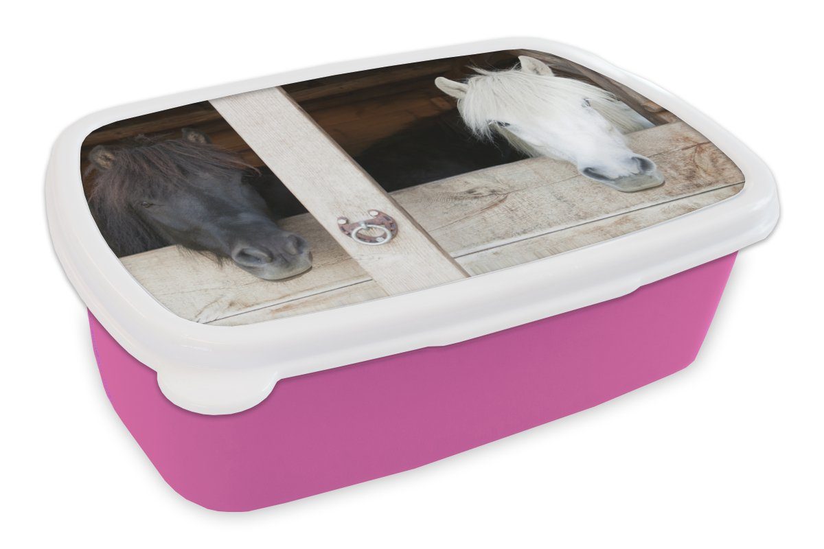 MuchoWow Lunchbox Pferde - Pferdestall - Regale, Kunststoff, (2-tlg), Brotbox für Erwachsene, Brotdose Kinder, Snackbox, Mädchen, Kunststoff rosa