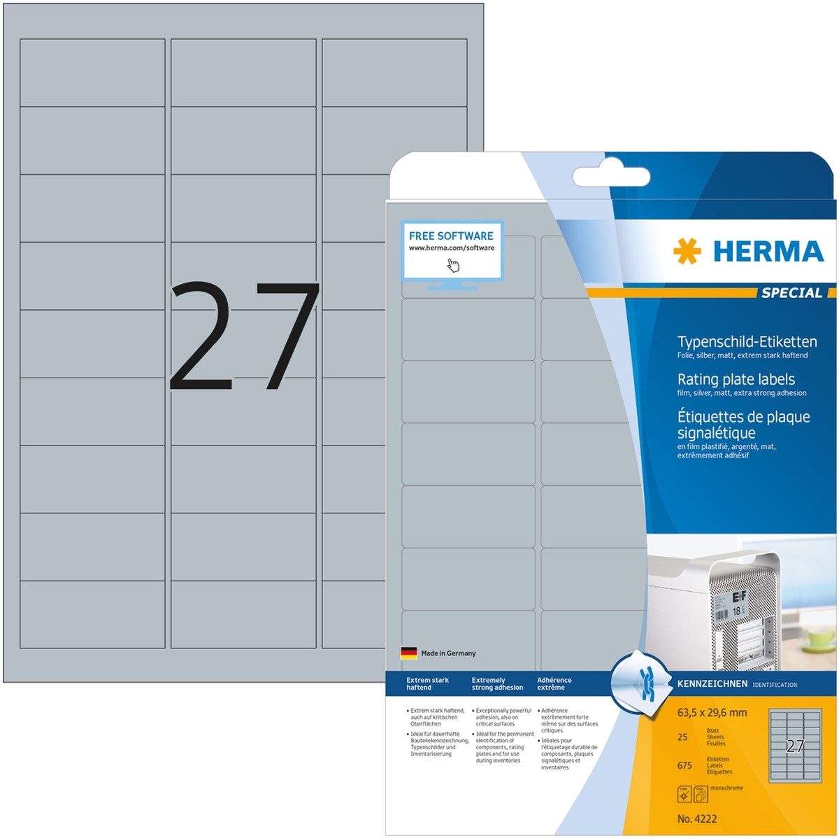 HERMA Etiketten Etiketten Folie Typenschild silber 63,5x29,6mm Special A4 LaserCopy