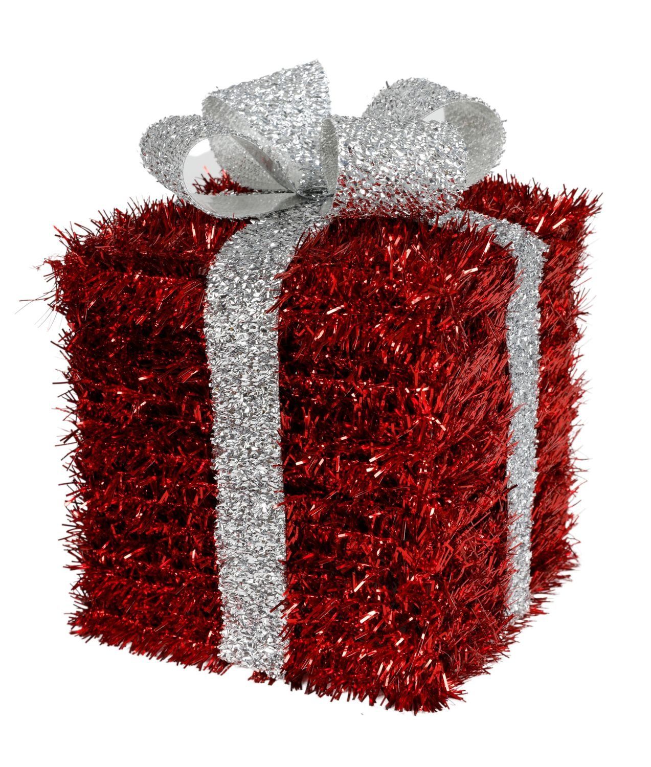 BURI Dekofigur Lametta Weihnachtsgeschenk rot 16cm mit Schleife Weihnachtsdeko Gesche