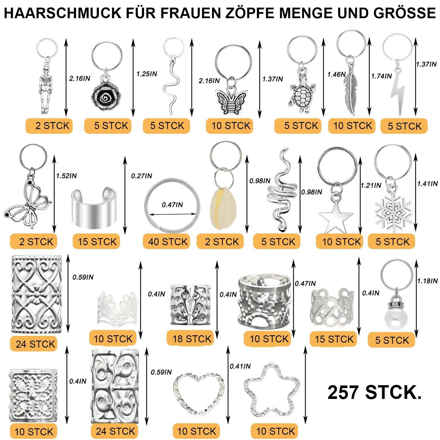 Refttenw Haarklammer 257Stk Dreadlocks Schmuck Haarperle Haarspiralen Clips im Punk-Stil