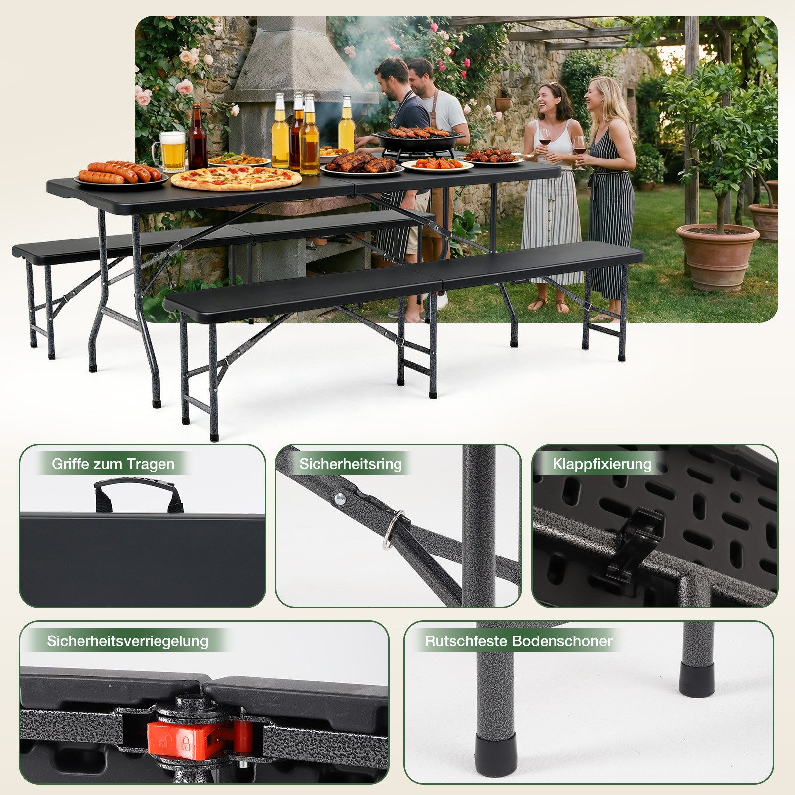 Sekey Bierzeltgarnitur Klappbar Bierzeltgarnitur 180cm Festzeltgarnitur Biertisch Set, 3-teilig, Tisch + 2 x Bierbank, Gartenmöbel Set – Bild 4 von 5