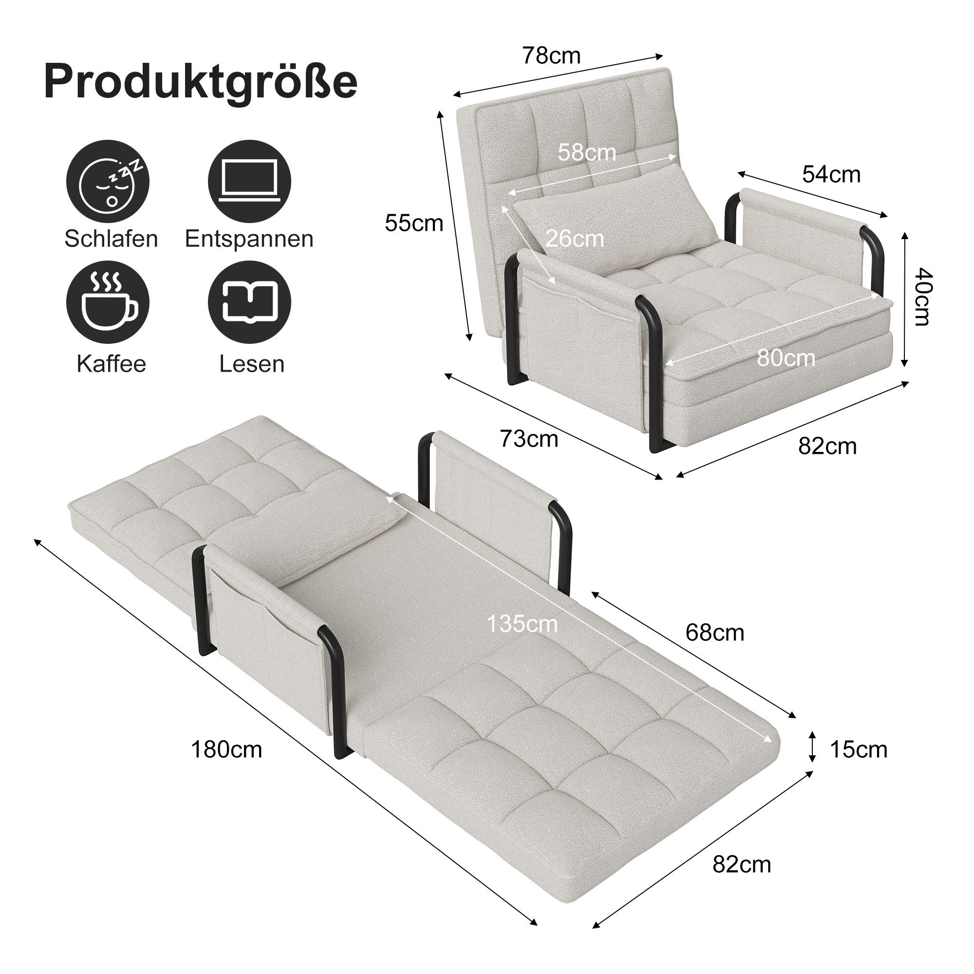 Furnishings Home Schlafsofa Loungesessel Schlafsessel 2 in 1, inkl. Kissen, Sehr gut geeignet für Schlafzimmer und Wohnzimmer 1 Teile, mit Bettfunktion, Sofabett, 82x180 cm, Samt