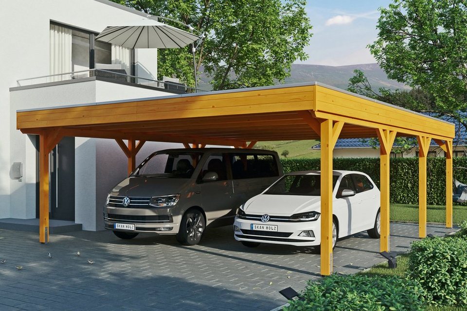 Skanholz Doppelcarport Grunewald, BxT: 622x796 cm, 590 cm Einfahrtshöhe,  mit EPDM-Dach, Flachdach-Carport, farblich behandelt in eiche hell
