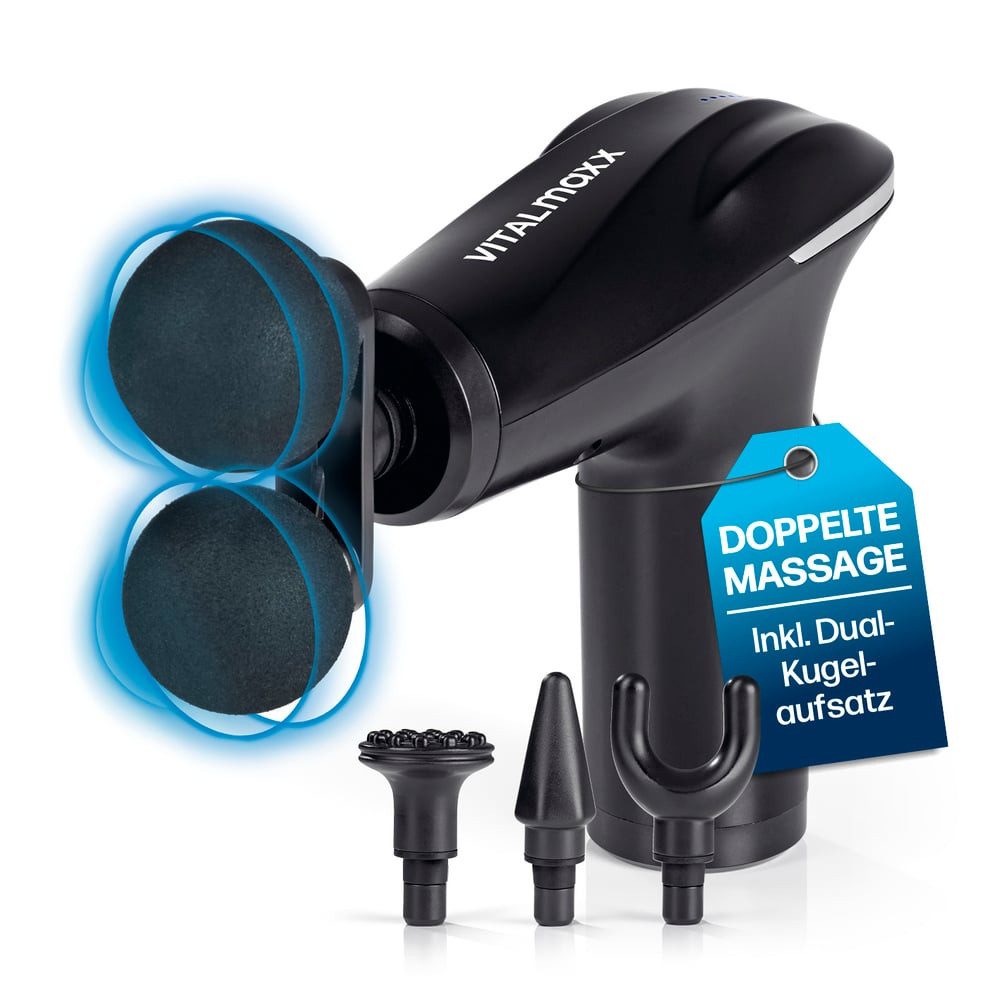 VITALmaxx Massagepistole 6 Leistungsstufen & 4 Aufsätze inkl. Dual-Kugelaufsatz, intensive Massage für viele Körperbereiche max. 120 Min. Laufzeit
