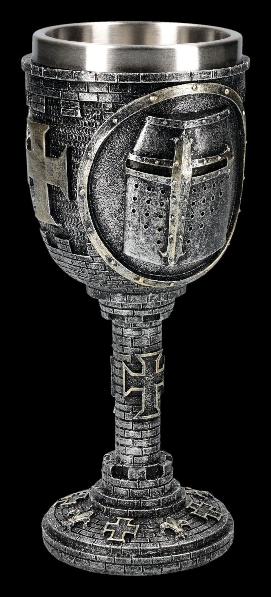 Figuren Shop GmbH Becher Ritter Kelch Helm Motiv Mittelalter Trinkkelch 200 ml Silber Weinkelch, Kunststein (Polyresin), Edelstahl