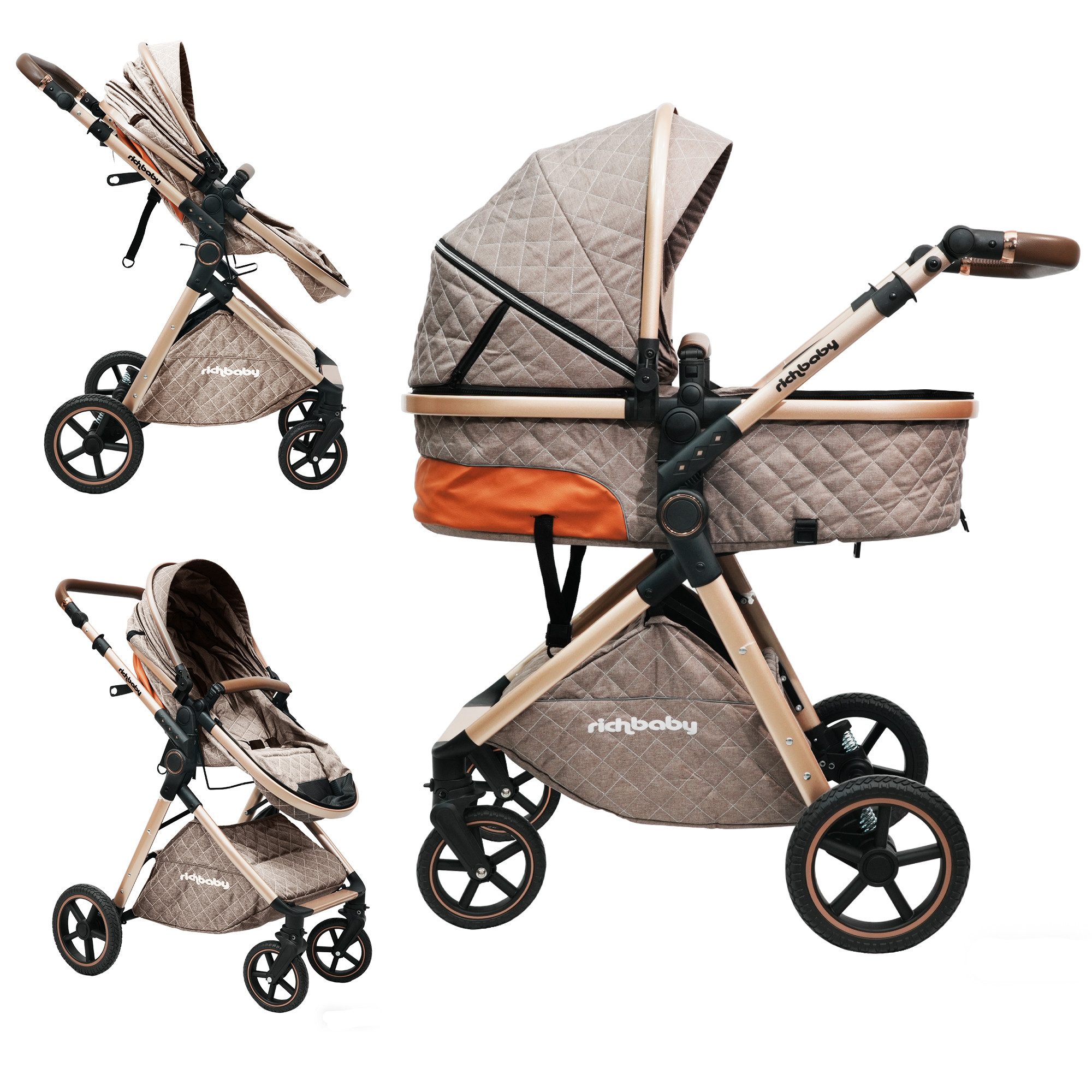 Odikalo Kombi-Kinderwagen EXQUISE V8T 2-in-1-Kinderwagen mit Neugeborenen-Babybett, (einhändig zusammenklappbar, mit umkehrbarer und abnehmbarer Babywanne sowie geländegängiger Stoßdämpfung)