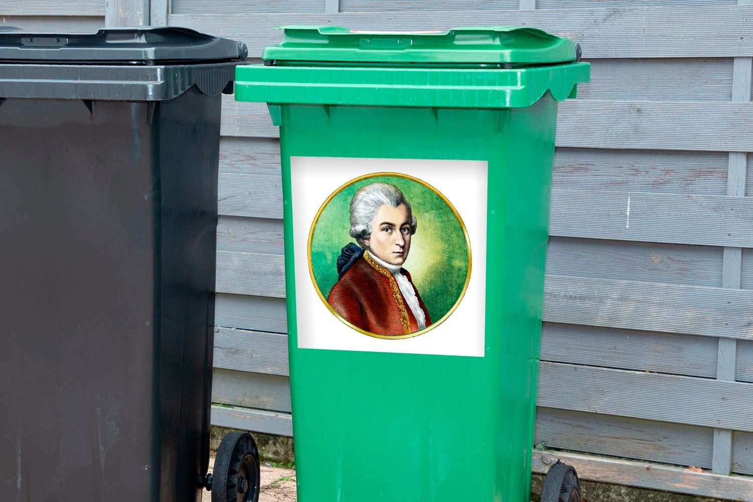 Wandsticker Mülltonne, Abfalbehälter Farbenfrohes (1 Sticker, MuchoWow Mozart Wolfgang Mülleimer-aufkleber, Amadeus St), Container, von Porträt