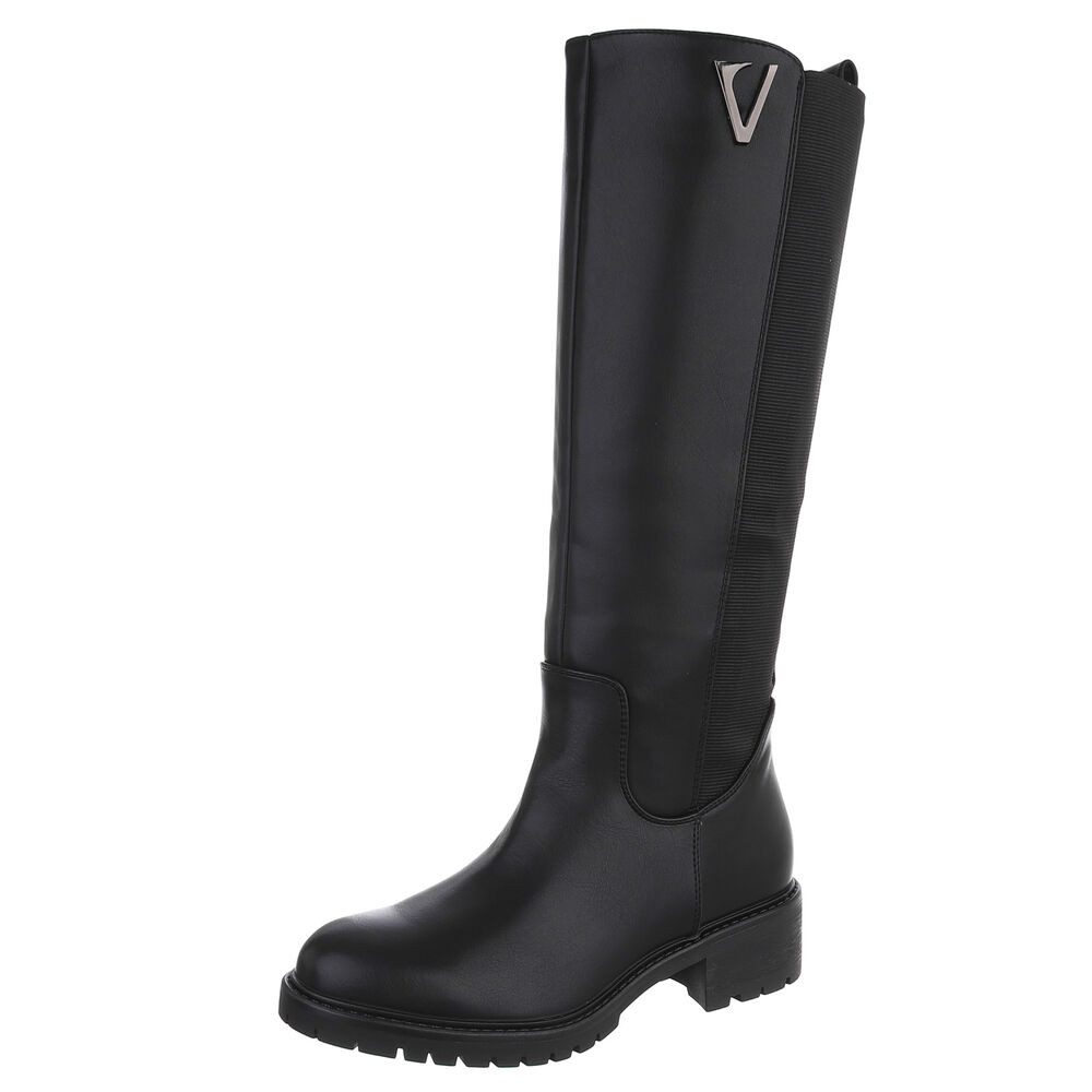 Ital-Design Damen Langschaftstiefel mit Stretch-Einsatz & Profilsohle Stiefel (92299709) Blockabsatz Stiefel in Schwarz