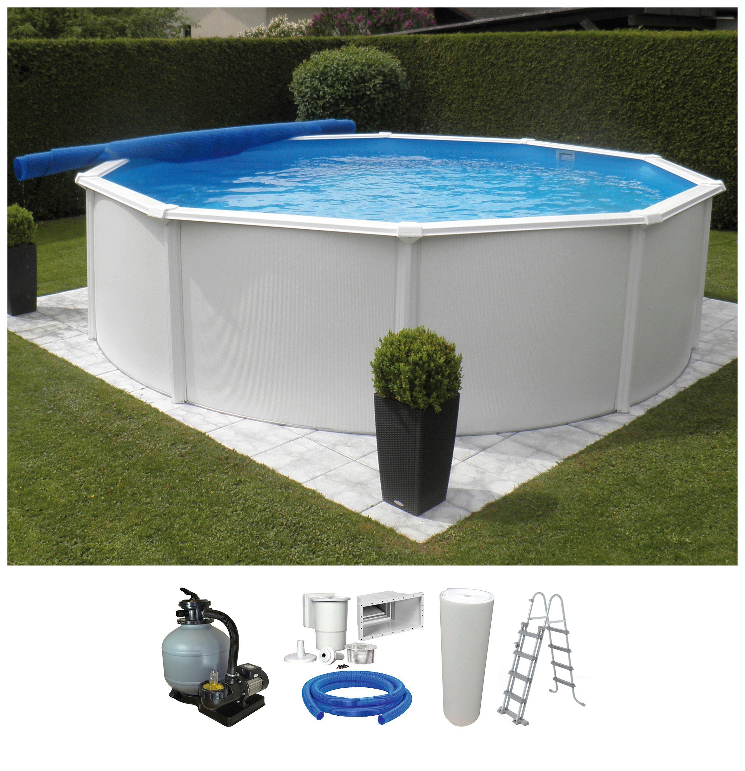 KWAD Rundpool Supreme weiß inkl. Sicherheitsleiter und Zubehör (Set, 5-tlg), 5-tlg., Höhe: 132 cm, blaue Innenfolie