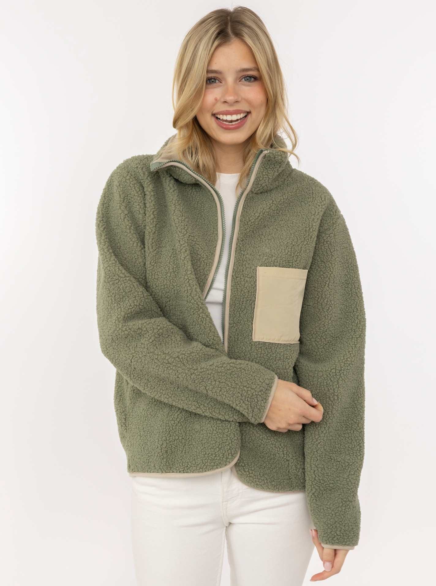 Zwillingsherz Bomberjacke "Classic" kuscheliges Teddy-Fleece, Kontrastdetails, Brutstasche, Stehkragen