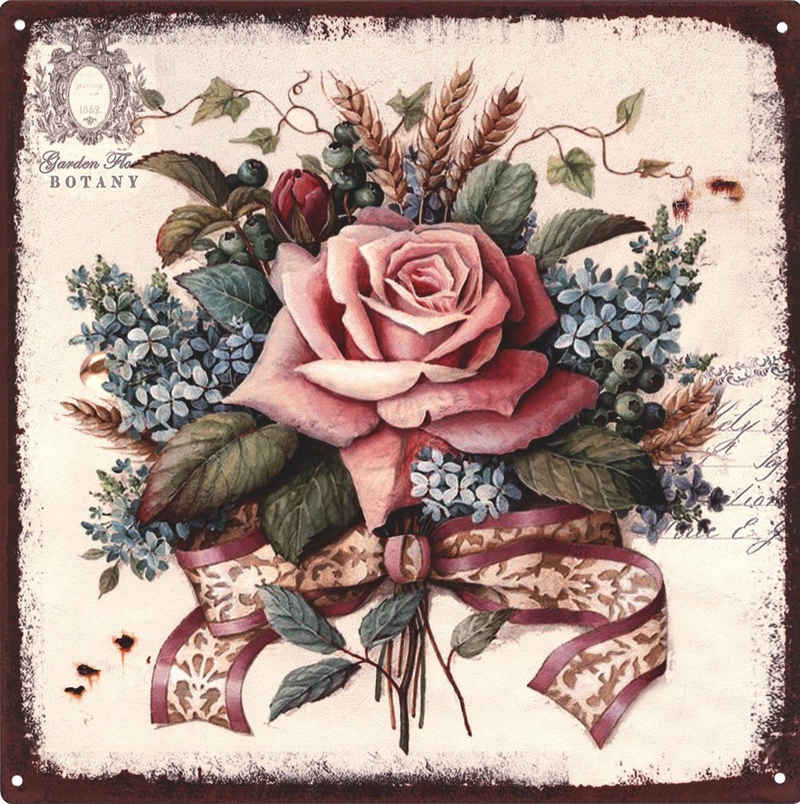Moritz Metallschild Blechschild Botany Rosa Rose, (Einzeln), 30 x 30 cm Vintage Retro Deko Schild Metallschild Wandbild Schild