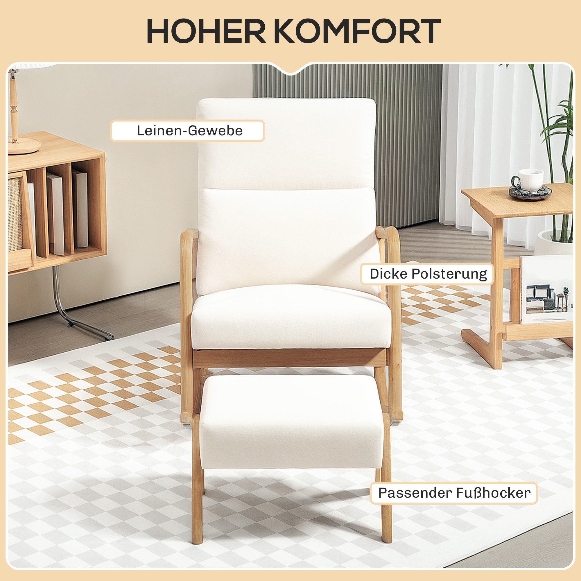 HOMCOM Schaukelsessel Schaukelstuhl mit Hocker und Leinenoptik, Polstersessel (Relaxsessel, 2-St., Schwingsessel), für Schlafzimmer, Wohnzimmer, bis 150 kg bela – Bild 4 von 5