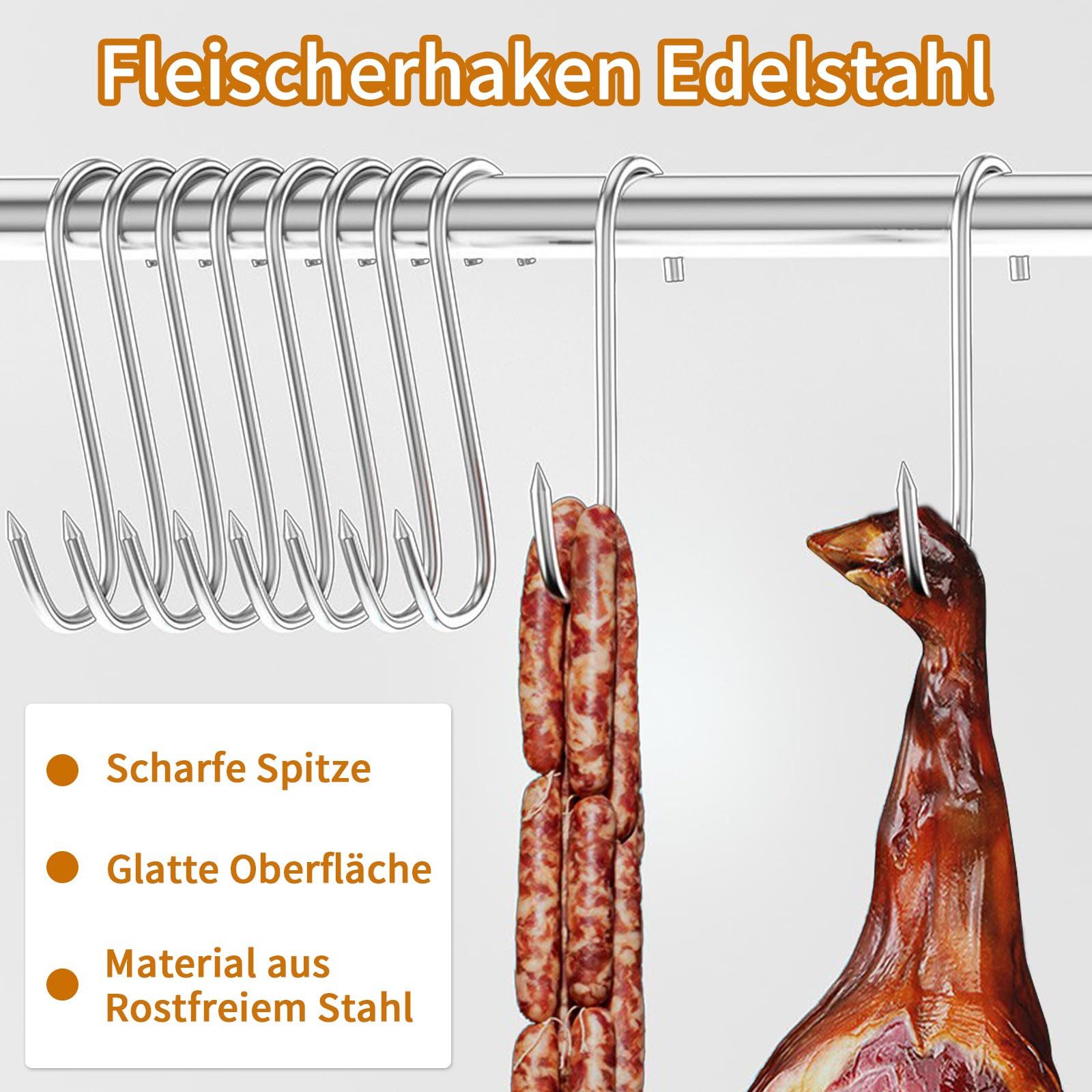 BlingBin S-Haken Fleischerhaken Edelstahl Grillhaken Räucherhaken, Hähnchen Rippen Räuchern Jagd, (1er Set, 40-St., 40tlg), Hängehaken Küchenhaken für Küche, Fleischverarbeitung (15cm)