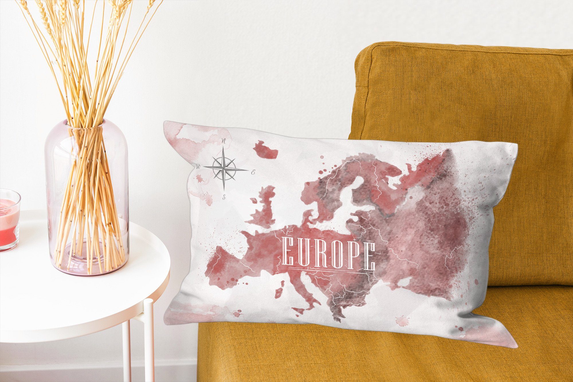 - mit Füllung, Aquarell Kompass, Dekoration, - - Schlafzimmer Karte MuchoWow Europa Dekokissen Zierkissen, Wohzimmer Dekokissen