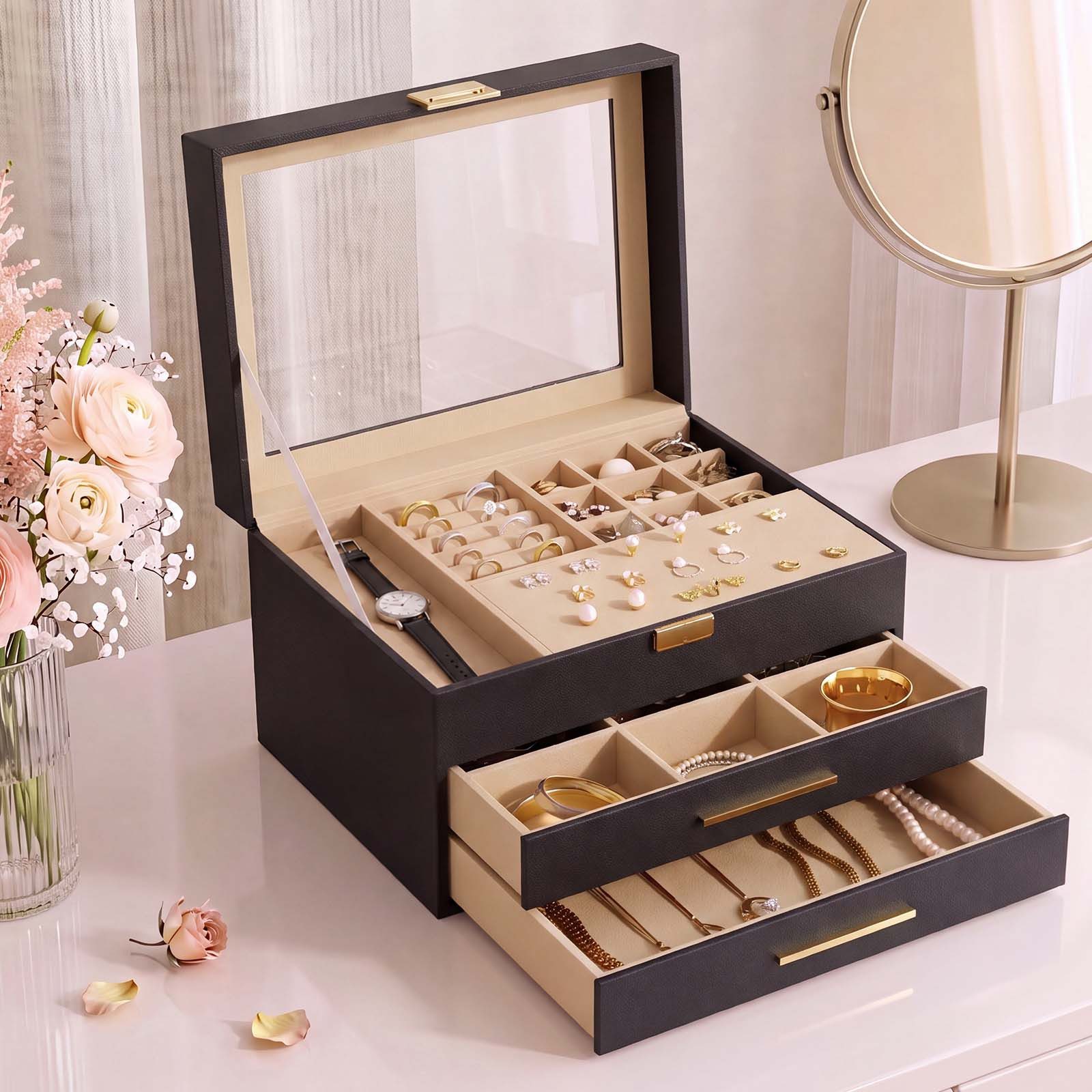 Hausright Schmuckkasten 3 Ebenen Schmuckbox mit Glasdeckel, 2 Schubladen (Schmuckschatulle)