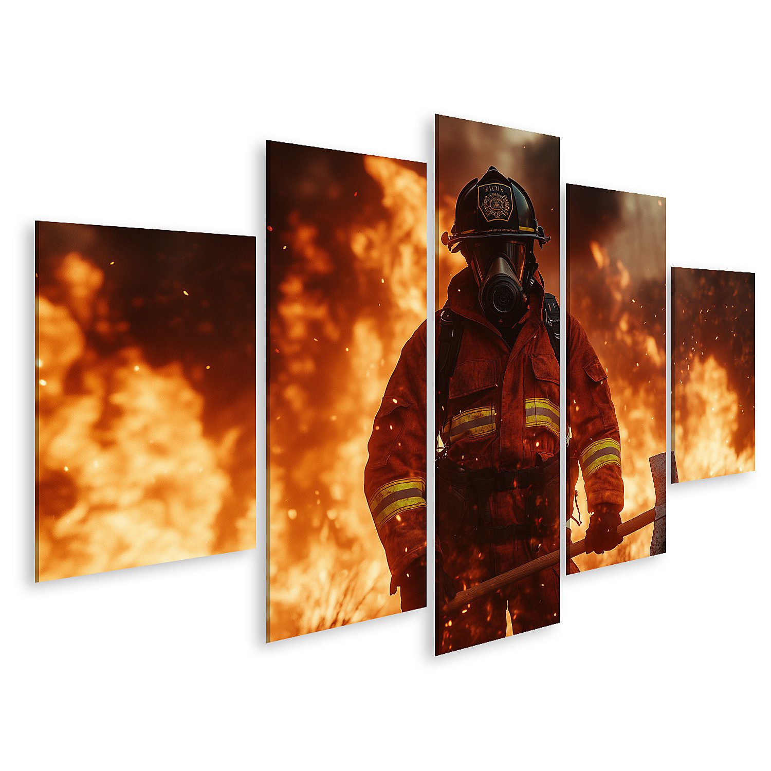 Leinwandbild Tapferer Feuerwehrmann mit Axt