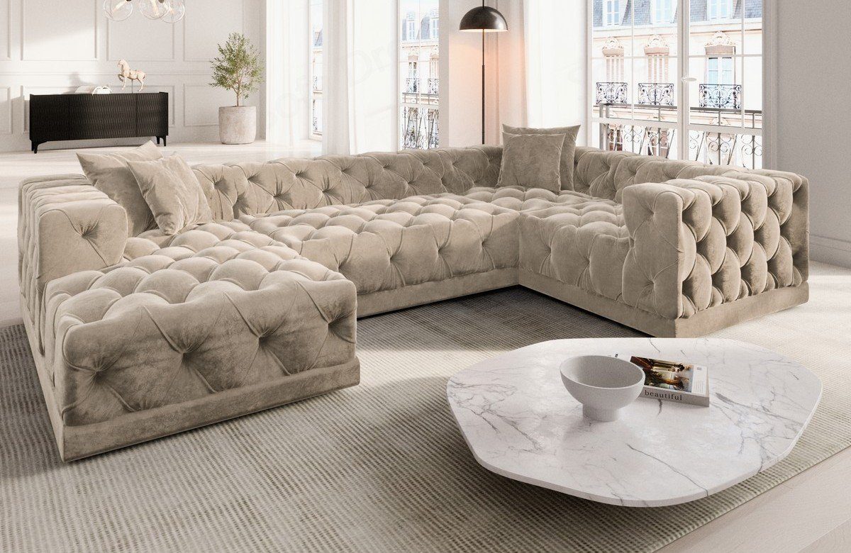 Sofa Dreams Wohnlandschaft Designer Stoff Sofa Palma U Form Samtstoff Stoffsofa, Loungesofa, Chesterfield Stil beige02