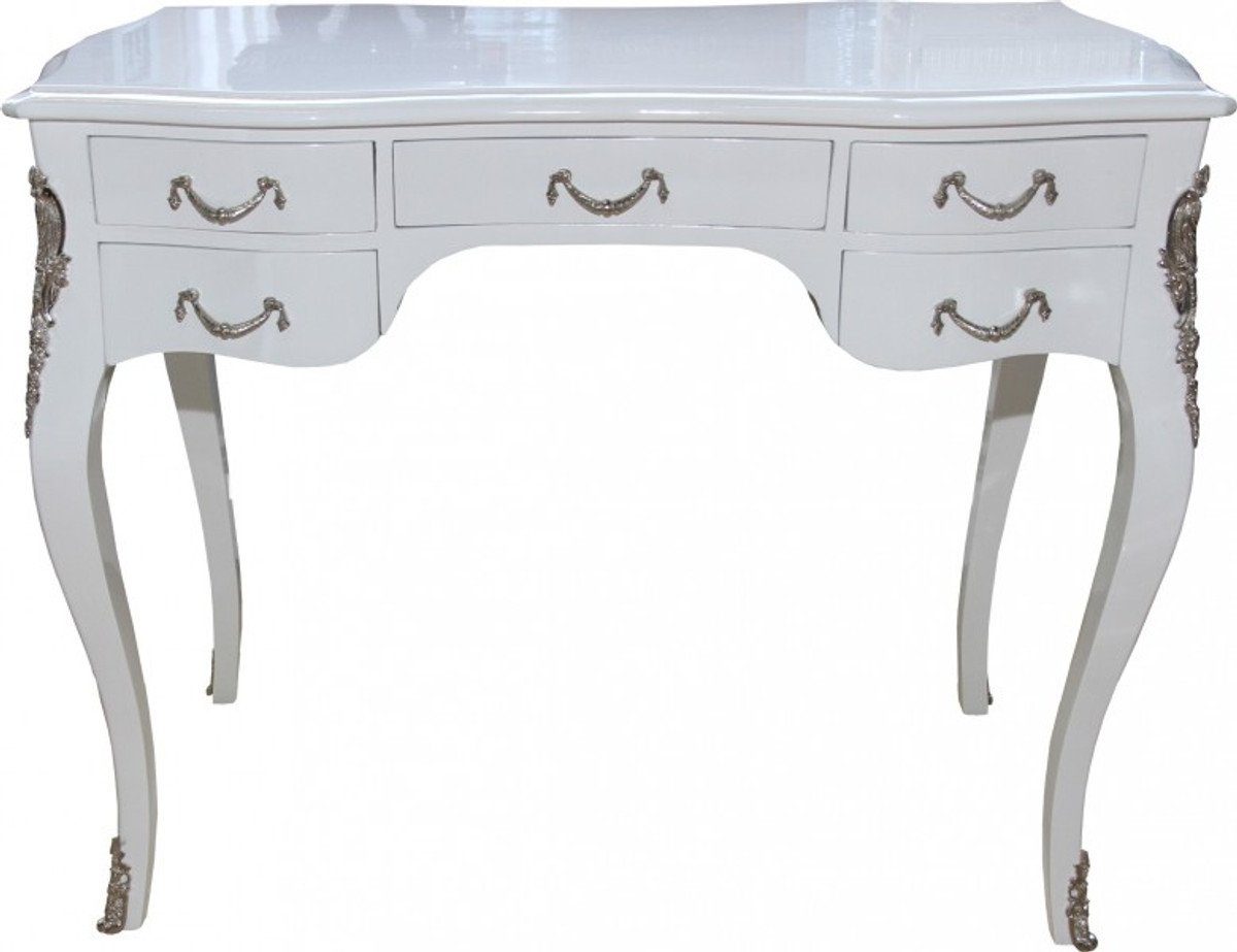 Casa Padrino Schreibtisch Luxus Barock Schreibtisch Weiß Hochglanz / Silber 100 x 80 x 58 cm - Sekretär Luxus Möbel