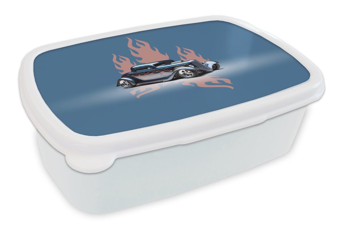 MuchoWow Lunchbox Auto - Blau - Flammen - Vintage, Kunststoff, (2-tlg), Brotbox für Kinder und Erwachsene, Brotdose, für Jungs und Mädchen weiß