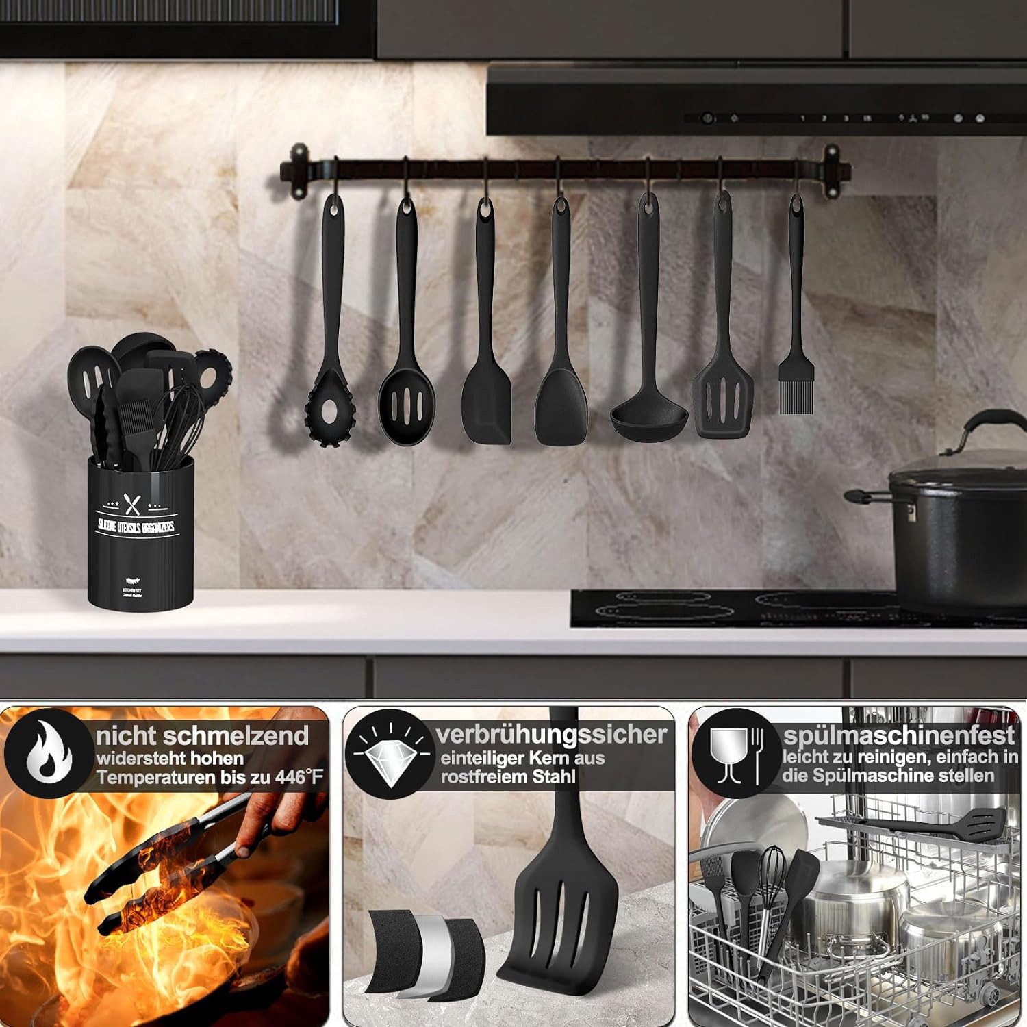 REDOM Kochbesteck-Set 12er Kochgeschirr Set Küchenutensilien Küchenhelfer (Gesund Silikon Kochset Antihaft Hitzebeständig mit Utensilienhalter, 12-tlg., Silikon – Bild 2 von 5
