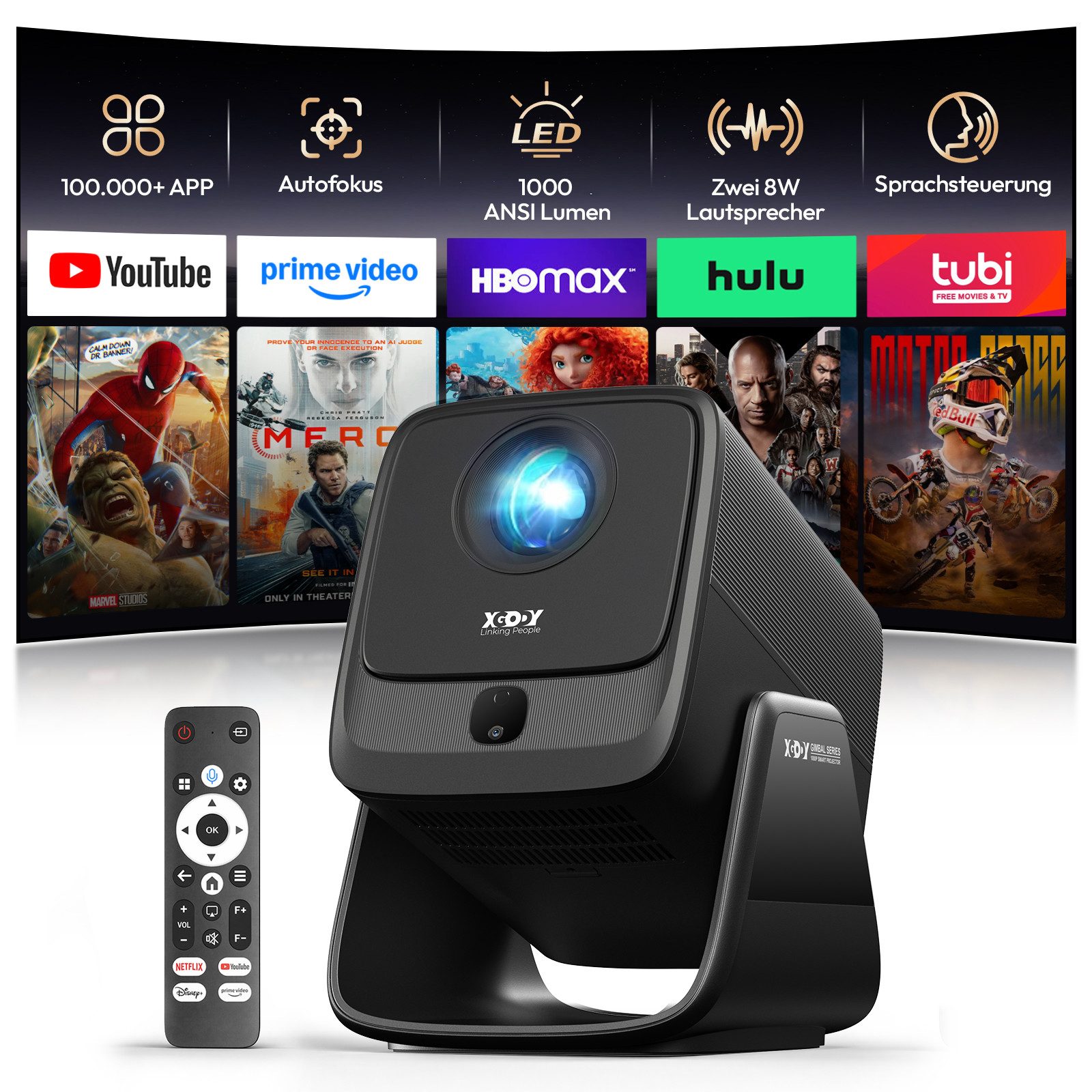 XGODY Beamer 4K Heimkino 1000 ANSI, kompatibel mit Netflix (Autofokus) UHD-Beamer (1000 lm, 15000:1, 3840 x2160(1000 ANSI) px, 150-Zoll-Display beamer mit leinwand, beamer deckenhalterung)