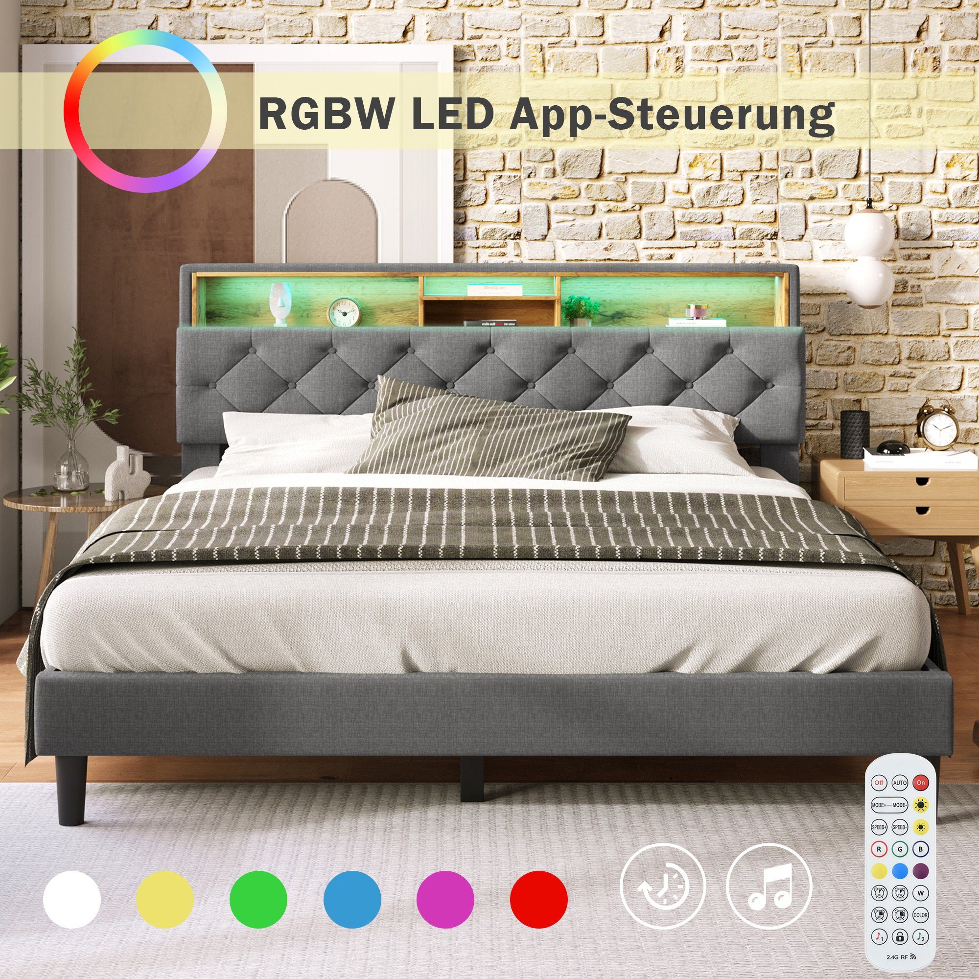 Bett), Polsterbett Stauraum cm LED-Beleuchtung 4 (Packung, Fächer, 1 Kopfteil-Stauraum mit Doppelbett geschlossenes Ulife offene unter offener 1 140x200 Bett 1 Fach, Graues &