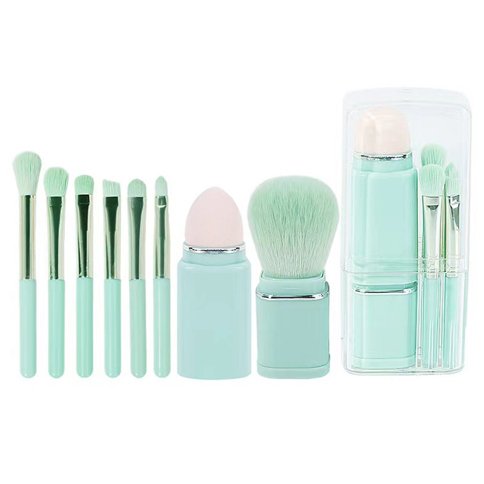 tragbarem Mini multifunktionale Make-Up-Pinsel-Set Highlight/Lidschattenpinsel,Foundation-Mischpinsel, 8 Kosmetikpinsel mit Pinsel, In Hellgrün Tragbar Etui Einziehbares Rutaqian Gesichts 1 Lippenpinsel, Augen-Make-Up-Set