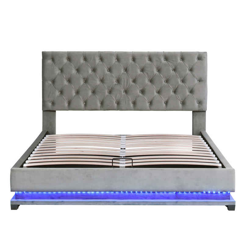 DOPWii Stauraumbett 140x200cm Doppelbett mit Hydraulisch,Bettkasten & Lattenrost-Bezug, Mehrere Farb-LEDs,Verstellbares Kopfteil,Beige/Grau,Stauraumbett