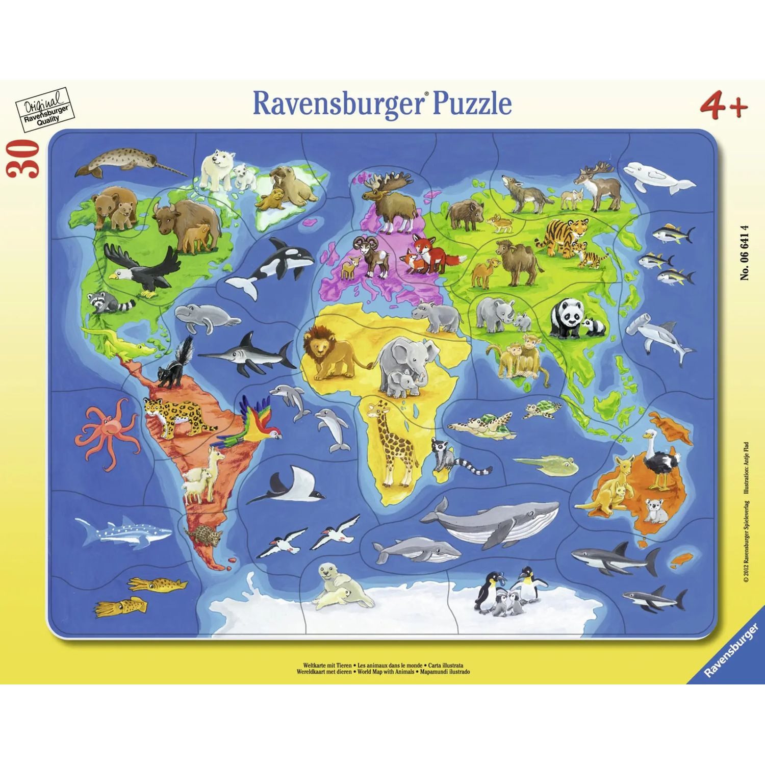 Ravensburger Puzzle Weltkarte mit Tieren. Rahmenpuzzle 30 Teile, 30 Puzzleteile