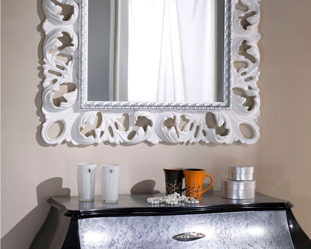 ASR Rahmendesign Barockspiegel Ostuni (modern, glänzend weiß lackiert mit hellen Blattsilberdetails), Розмір außen: 87cm x 87cm x 5cm