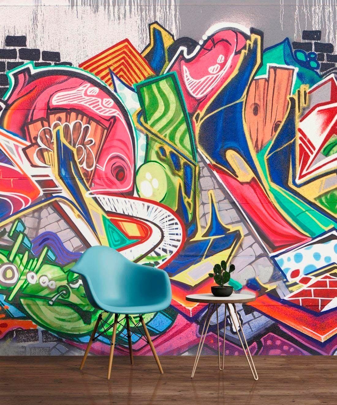 living walls Fototapete Graffiti Vlies, glatt, (1 St), Fototapete Graffitiwand Betonoptik Bunt Grau 3,50 m x 2,55 m