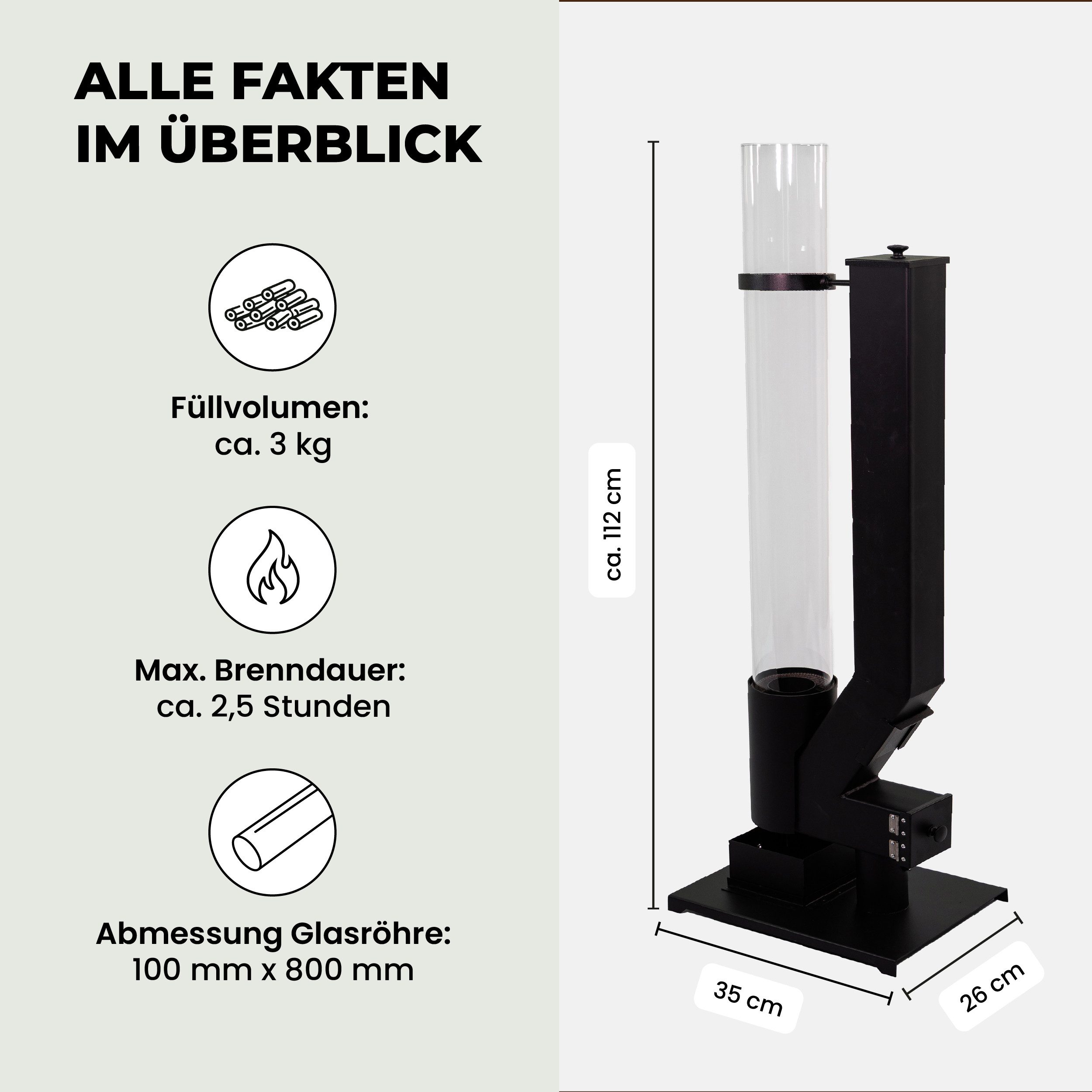 Lemodo Heizstrahler Pelletfackel CORE Feuersäule Outdoor mit Glasröhre Stahl schwarz
