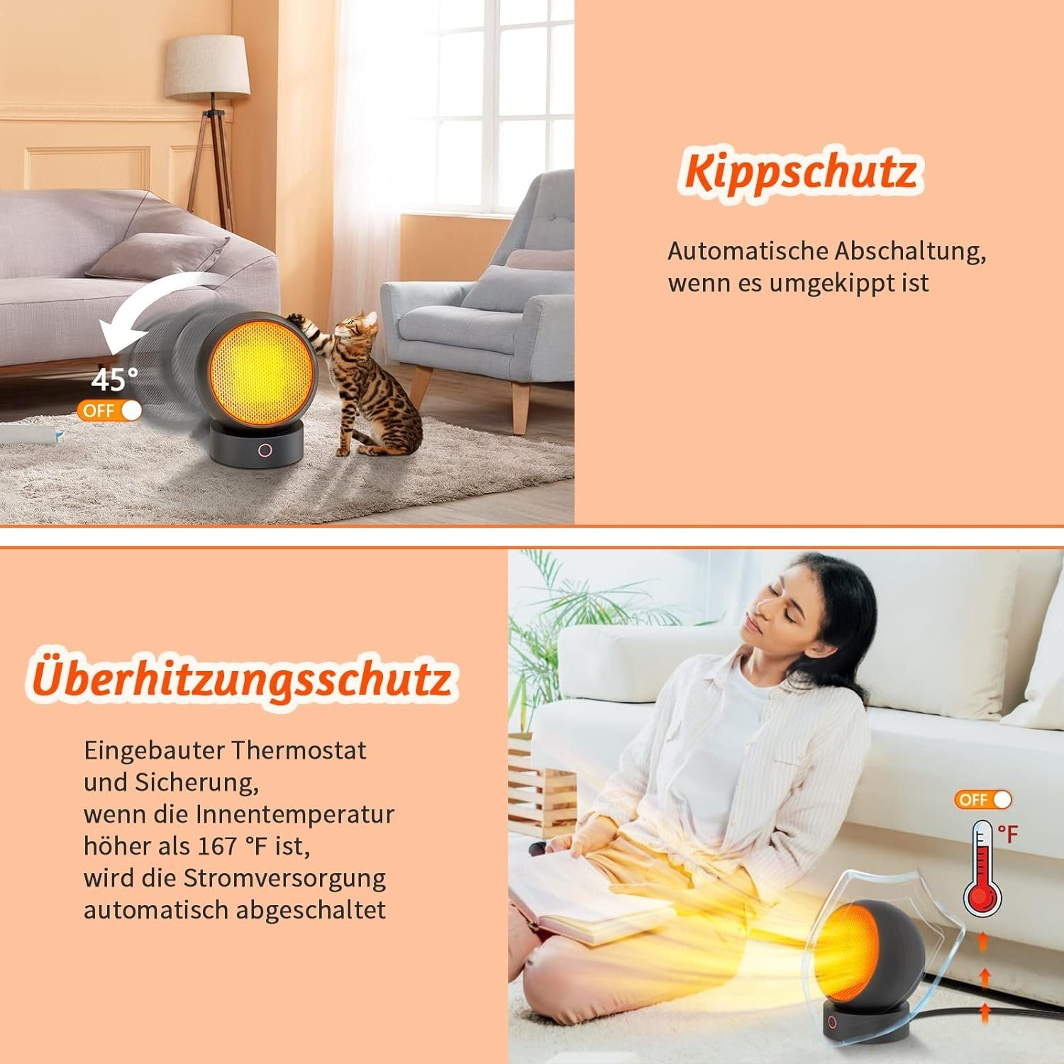 HandFan Heizlüfter, 1000 W, Klein mit 3s Keramik Schnelles Heizlüfter Leise Aufheizen überhitzung