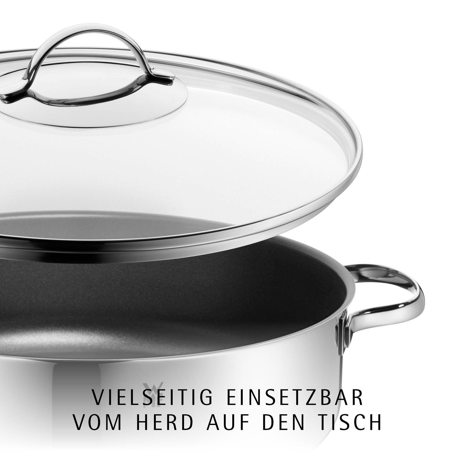 WMF Schmorpfanne Devil Bräter Ø 28 cm mit Glasdeckel, hoher Rand, Induktion, Cromargan® Edelstahl Rostfrei 18/10, Schmortopf mit Deckel 5l, backofenfest, für alle Herdarten geeignet