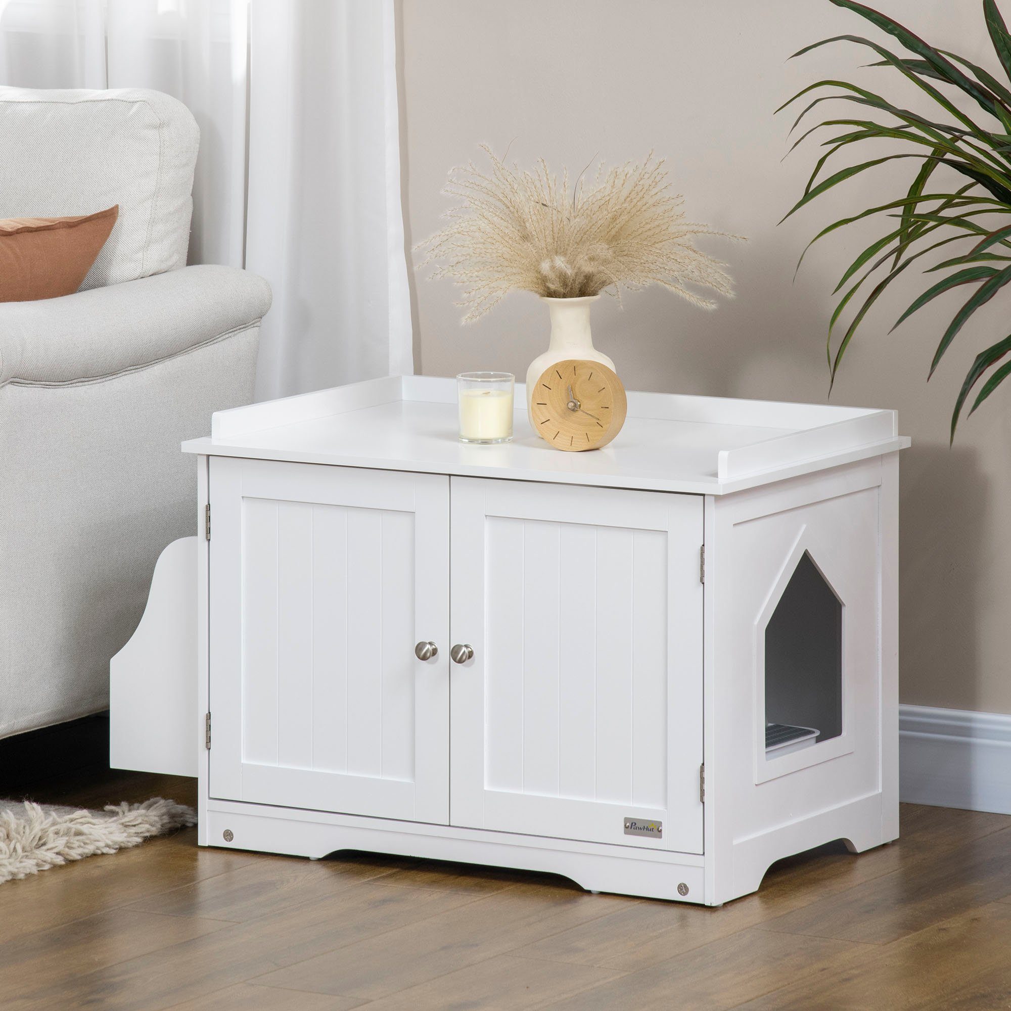 PawHut Katzenschrank Katzentoilette mit verstellbarer Trennwand und Magnettüren, Weiß 86x48x52cm für stilvolle Katzenhaltung   Aosom.de von PawHut