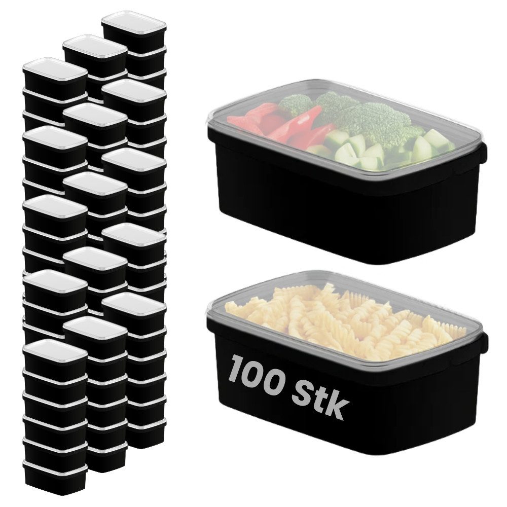 mikken Frischhaltedose 1200ml schwarz - Kunststoffbox Aufbewahrungsdose Plastikdose, (Spar-Set, 100-tlg., 10er-100er Set), Heiß- bis 100 °C und Kaltabfüllung, luftdicht, stapelbar