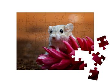 puzzleYOU Puzzle Niedliche Wüstenrennmaus auf rosa Blüte, 48 Puzzleteile, puzzleYOU-Kollektionen Springmaus, Tiere in Savanne & Wüste