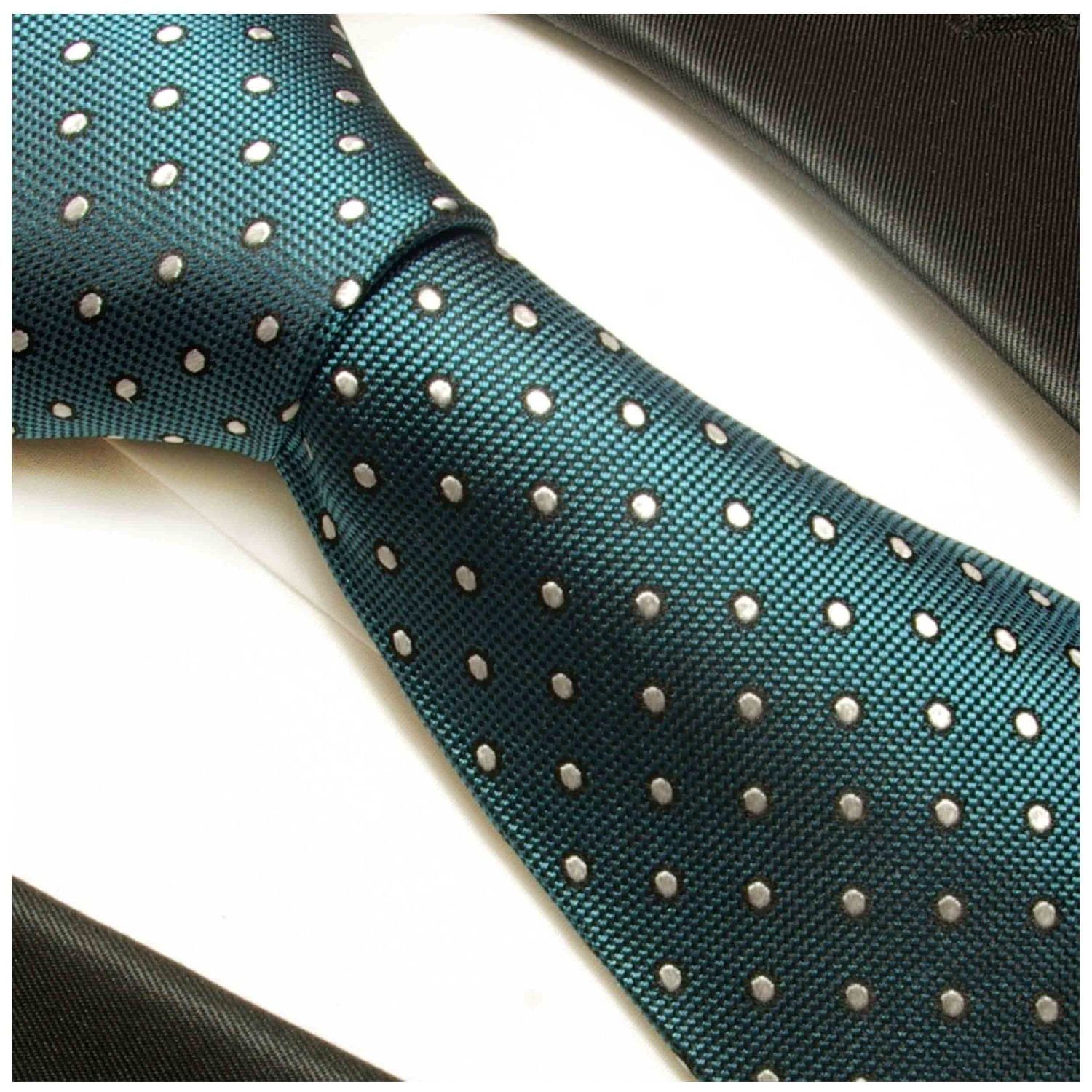 Seidenkrawatte Herren Krawatte petrol Krawatte gepunktet Paul blau mit Malone 2-St., 628 (8cm), (Set, und Seide Breit Tuch modern Einstecktuch) 100%