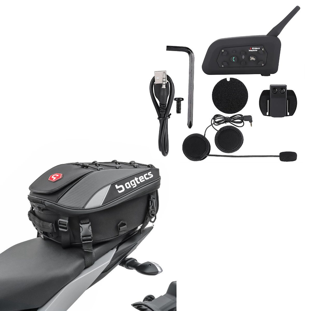 Sitzbank Set: Intercom Motorrad IK6 mit Headset wireless # mit Hecktasche X30 e
