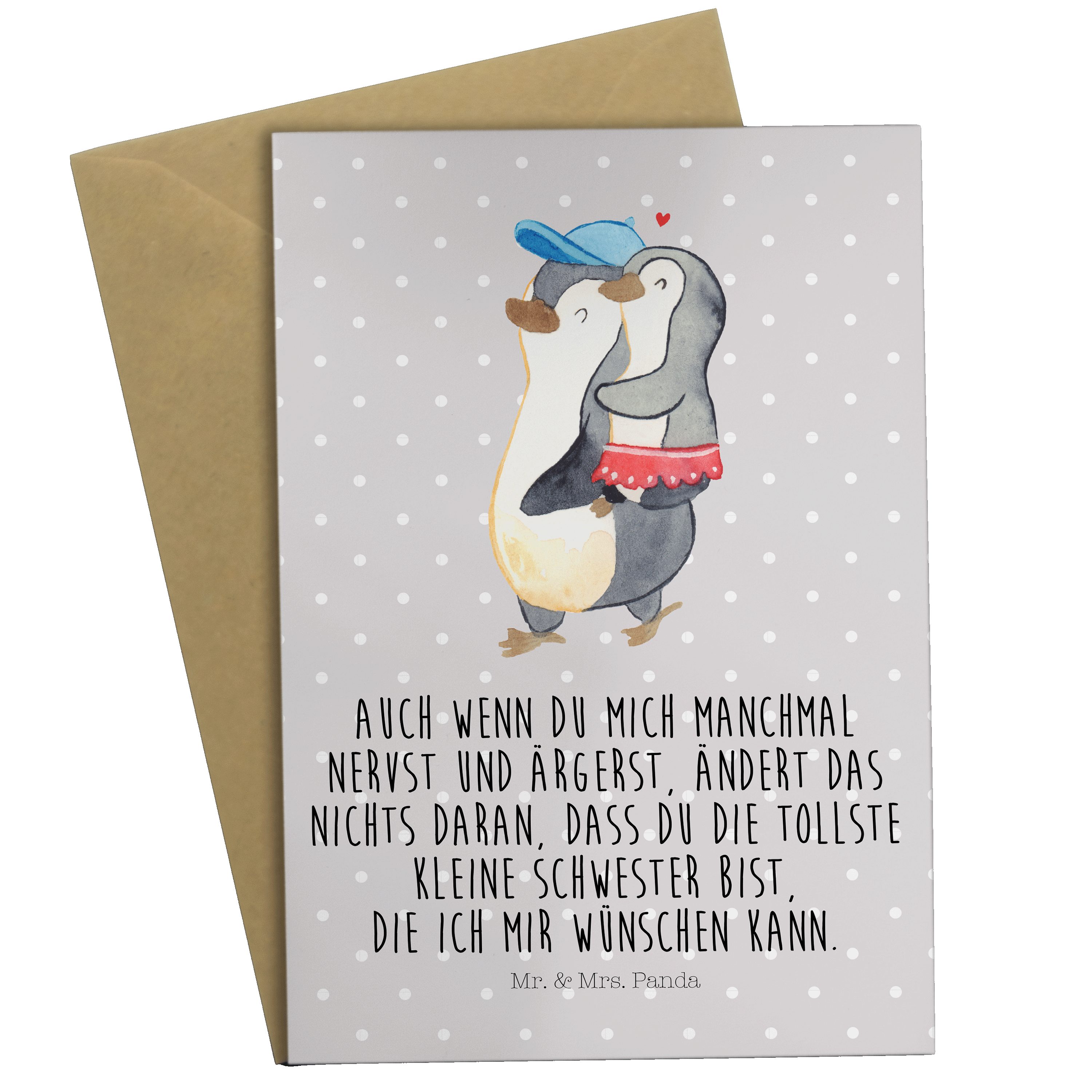 Mr. & Mrs. Panda Grußkarte Pinguin Kleine Schwester - Grau Pastell - Geschenk, Karte, Muttertag