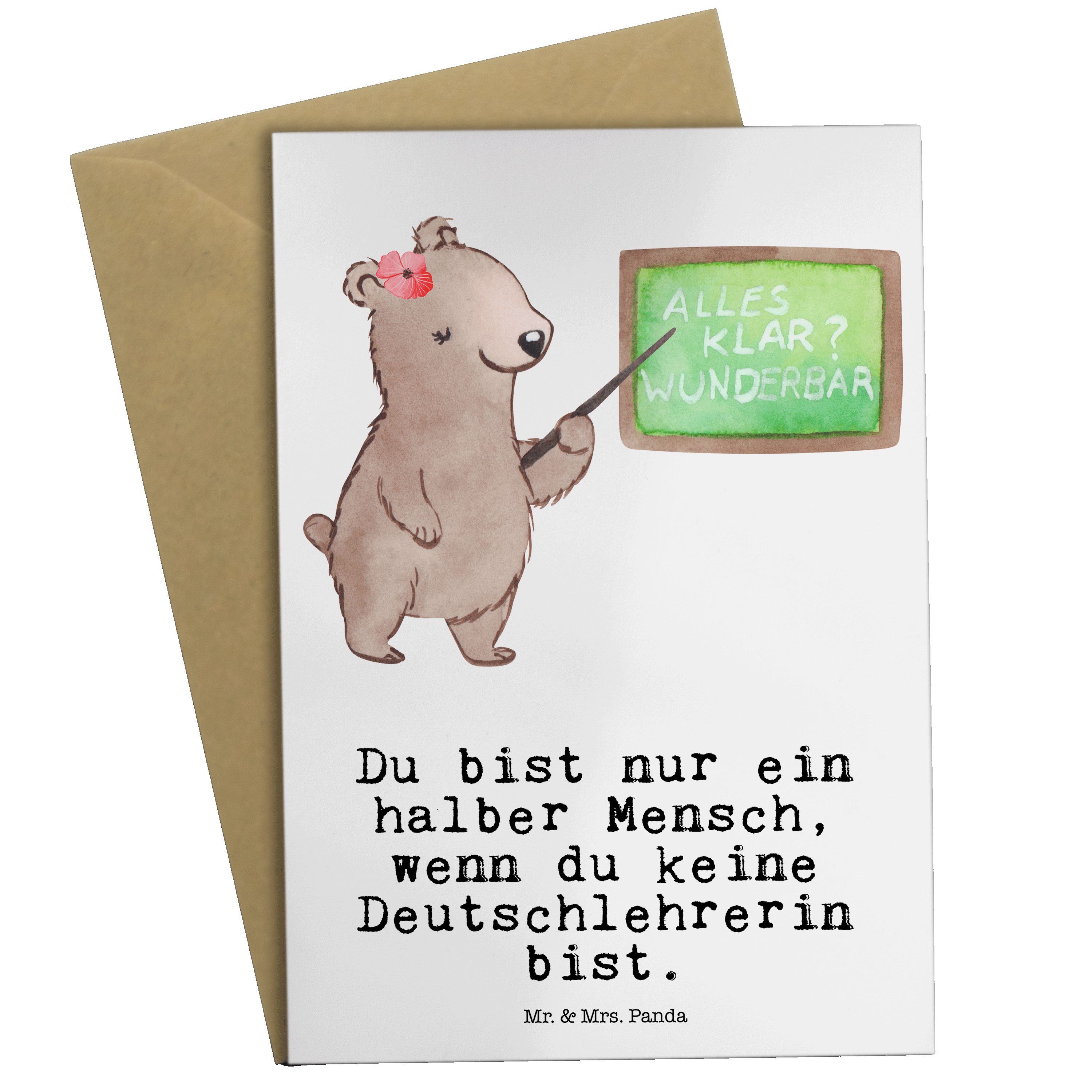 Mr. & Mrs. Panda Grußkarte Deutschlehrerin mit Herz - Weiß - Geschenk, Hochzeitskarte, Schule, K