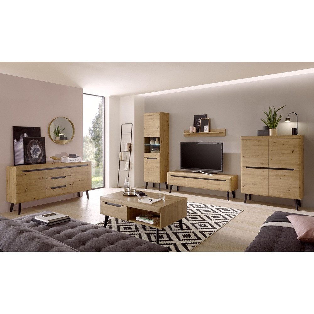 Lomadox Wohnzimmer-Set TIROL-61, (Mega-Spar-Set, 6-St., 6-tlg), Eiche mit Schwarz skandinavisches Design mit Couchtisch und Sideboard