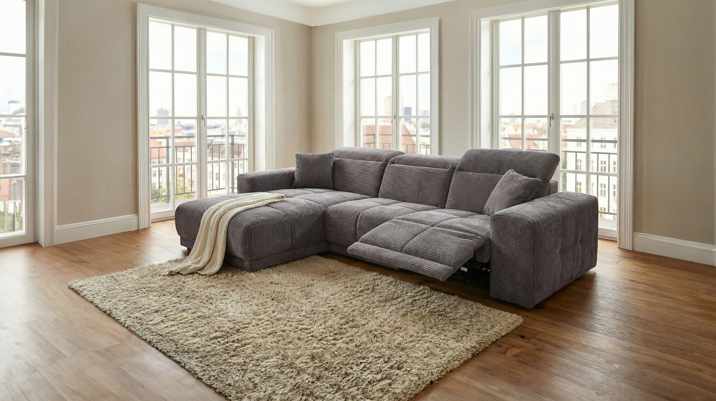 Massivart® Ecksofa mit Relaxfunktion / grau / Cord / 302 cm / Kopfteilverstellung / TONI, Nosagunterfederung · frei im Raum stellbar · inkl. 2 Zierkissen