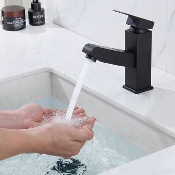 aihom Waschtischarmatur Waschtischarmatur mit herausziehbarer Brause Eckig Wasserhahn Schwarz Badezimmer Mischbatterie Einhebelmischer Badarmatur