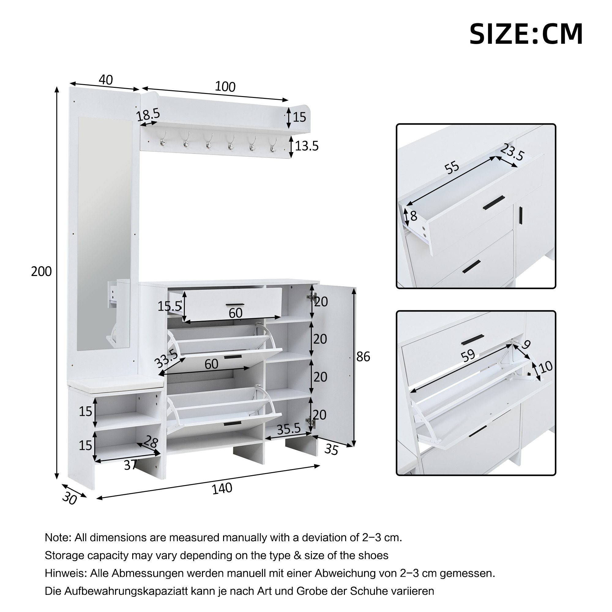 KLAM HOME Garderoben-Set Weißer MDF-Garderobenständer mit Spiegel und Sitzbank, (Kombinierter Schuhschrank mit Haken & vielfältigem Stauraum), Komplette Flurgar – Bild 3 von 5