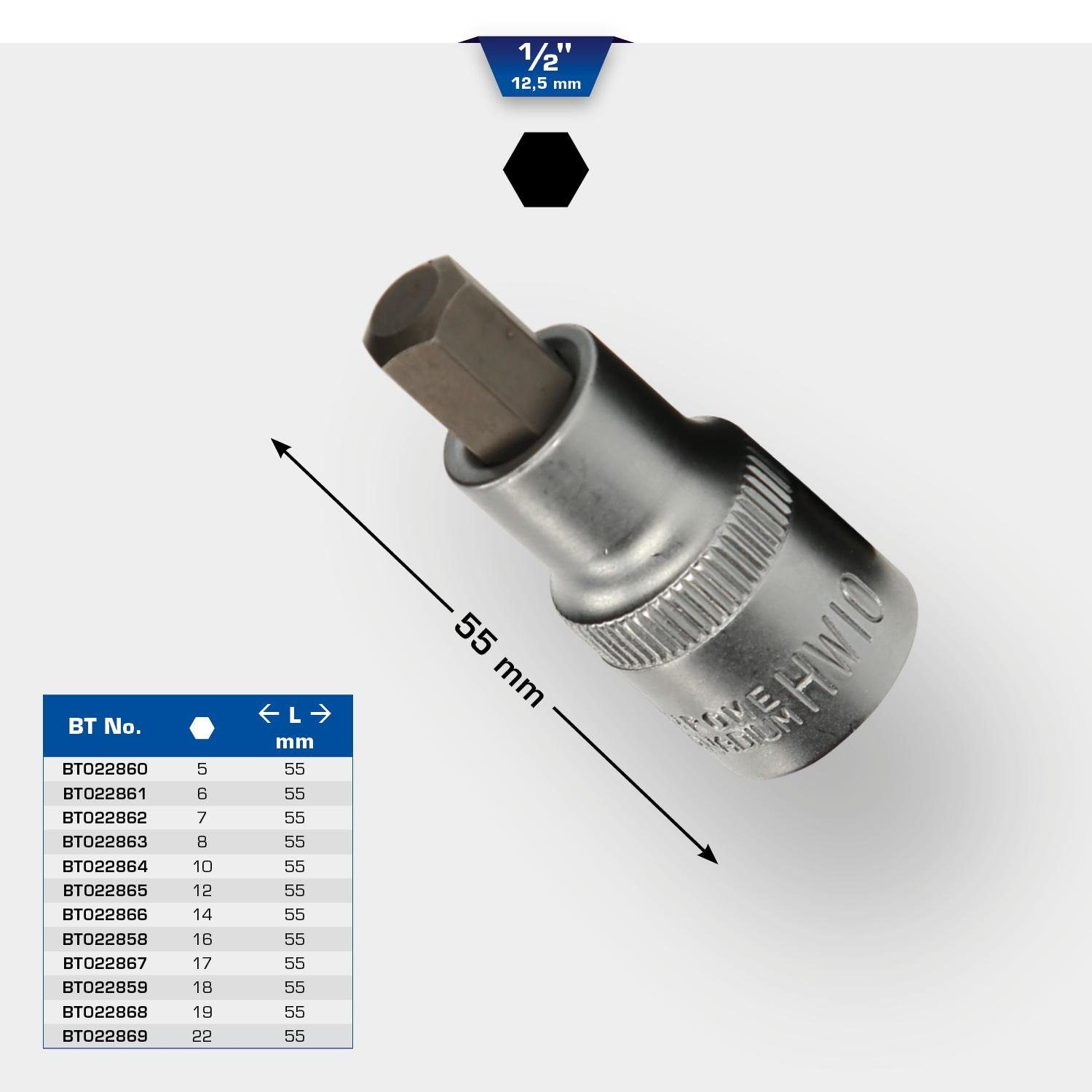 10 mm Bit-Stecknuss, Bit-Set 1/2" lang, 55 mm Brilliant Tools Innensechskant