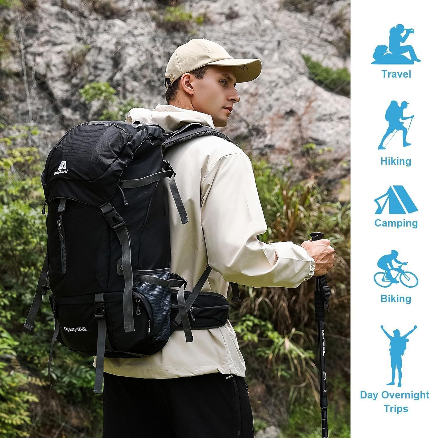 Toomoke Tourenrucksack Wanderrucksack 70L,Oxford Rucksack,Reiserucksack Camping Rucksack (Trekkingrucksack für Wandern, Klettern, Reisen Sport, mit Regenhülle, wasserfest & belüftetem Rücken), Separatem Schuhfach, wasserdicht, ultraleicht und reißfest