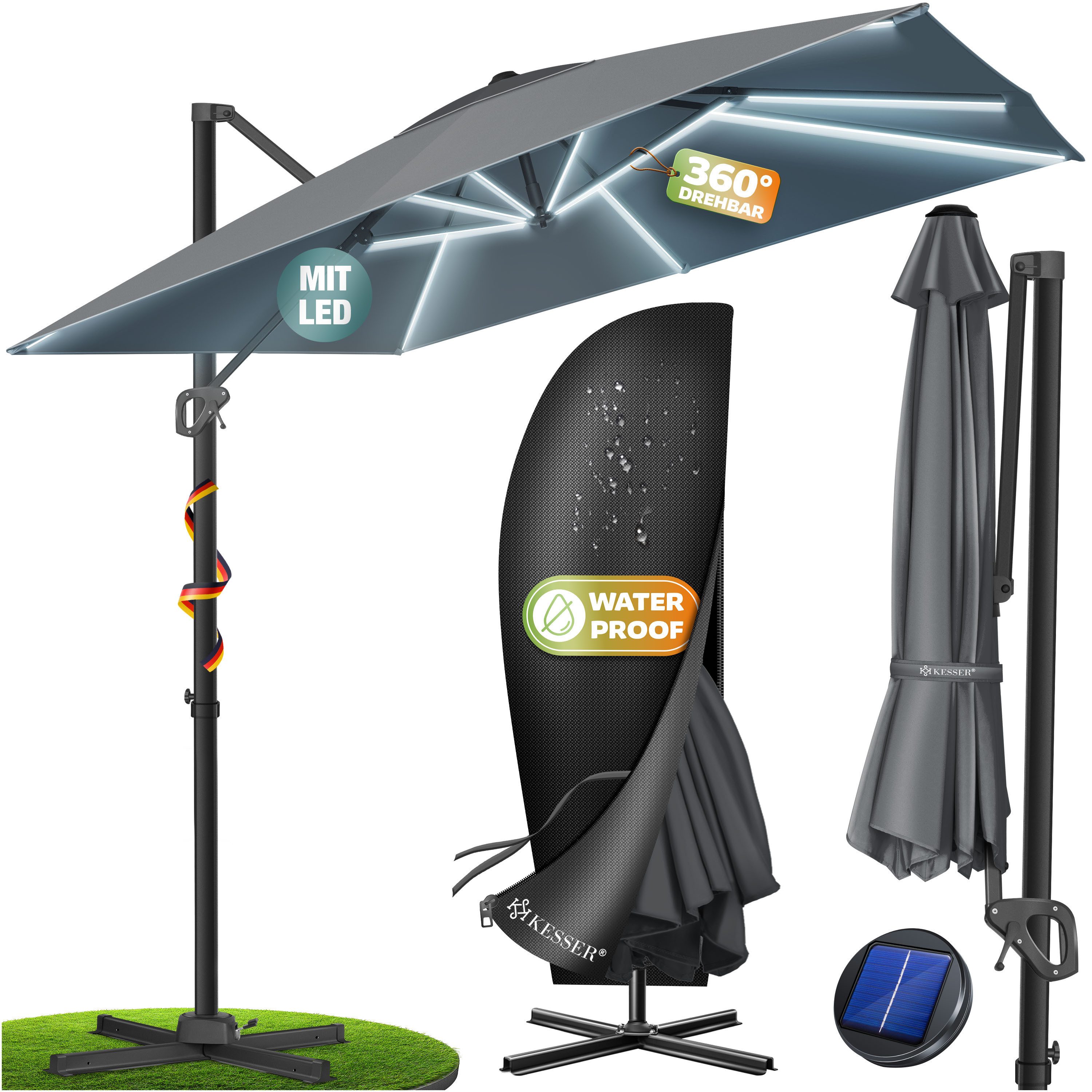 KESSER Ampelschirm, Sonnenschirm SUN XL 300 300 cm Inkl. Abdeckung 360° Drehbar & Neigbar
